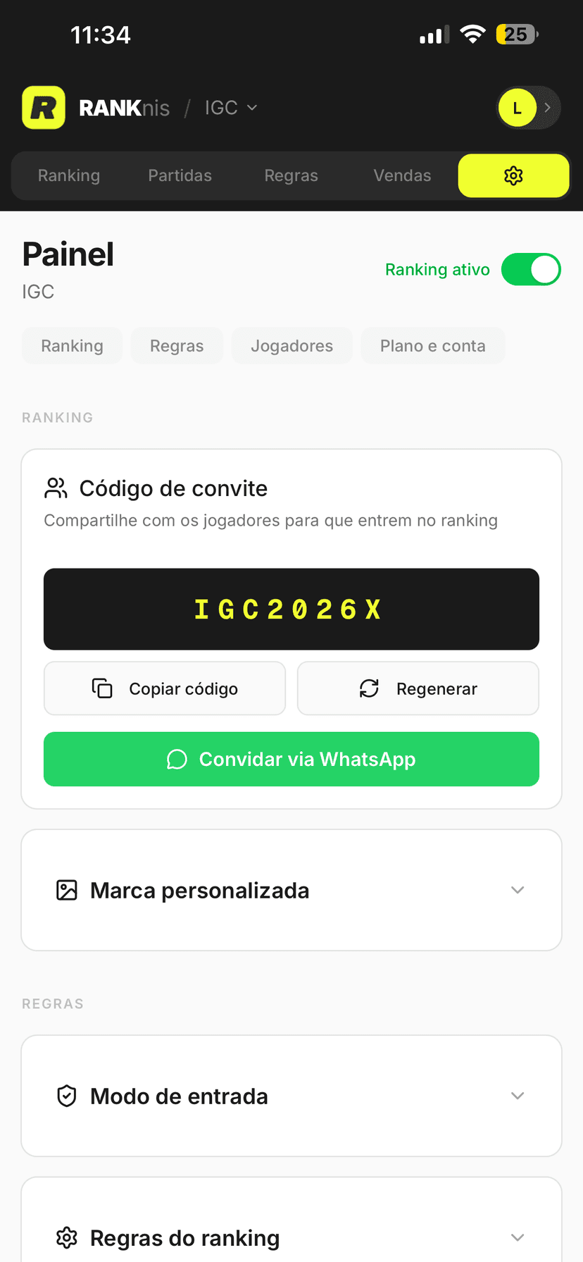 Painel do organizador